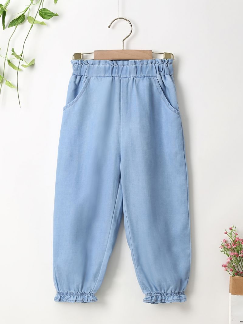 Jente Solid Denimbukser Tapered Jeans Med Elastisk Linning Barneklær