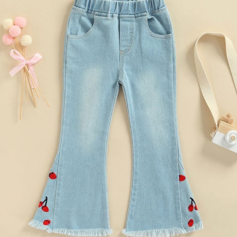 Jenter 2023 New Brodered Cherry Denim Flare Jeans