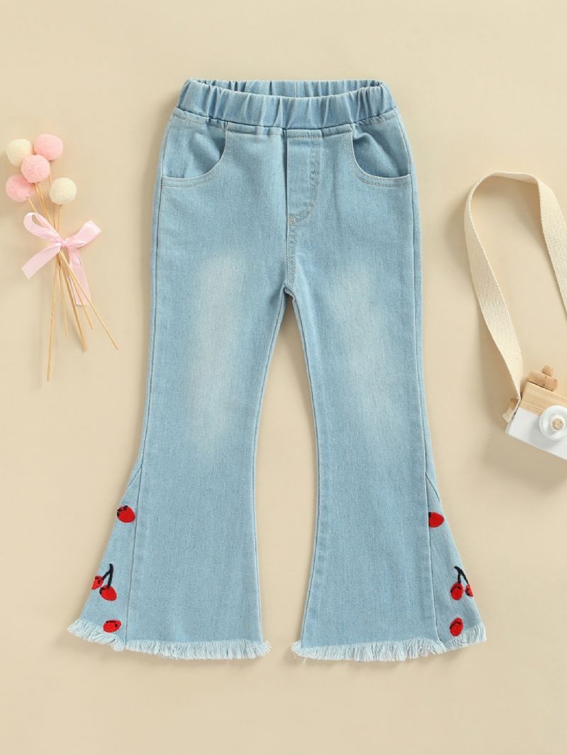 Jenter 2023 New Brodered Cherry Denim Flare Jeans