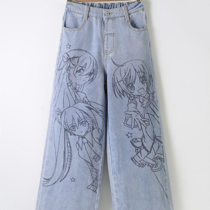 Jenter Anime Print Preppy Jeans Med Rette Ben