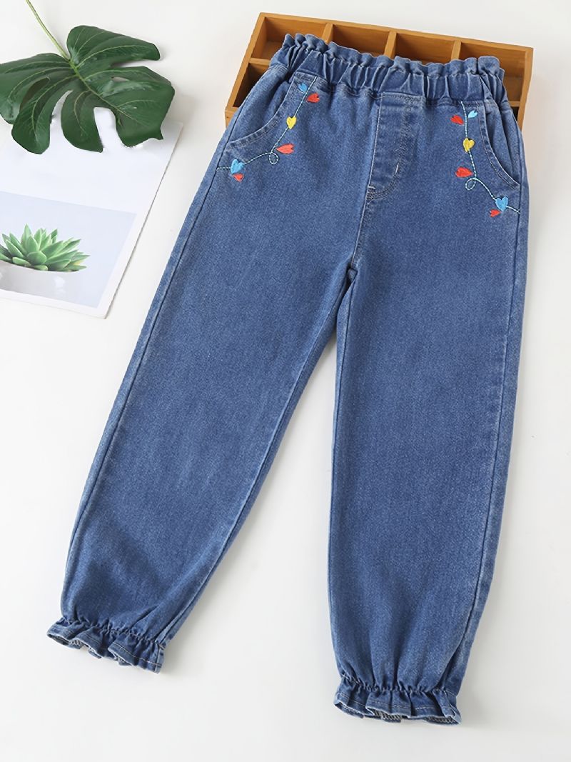 Jenter Blå Casual Heart Broderi Denim Jeans