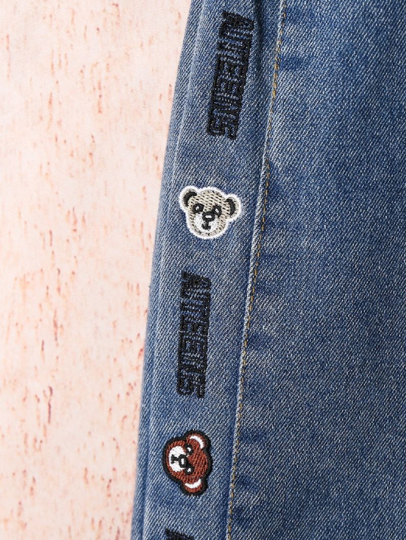 Jenter Blå Sidesøm Brodert Bears Wide Leg Bukser Jeans