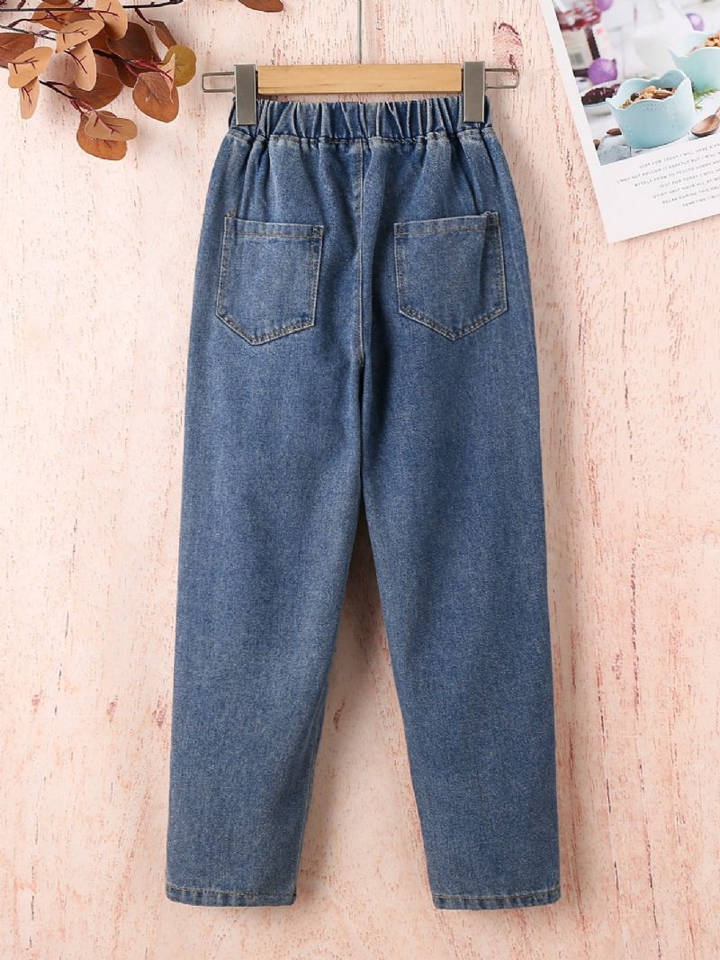 Jenter Blå Sidesøm Brodert Bears Wide Leg Bukser Jeans