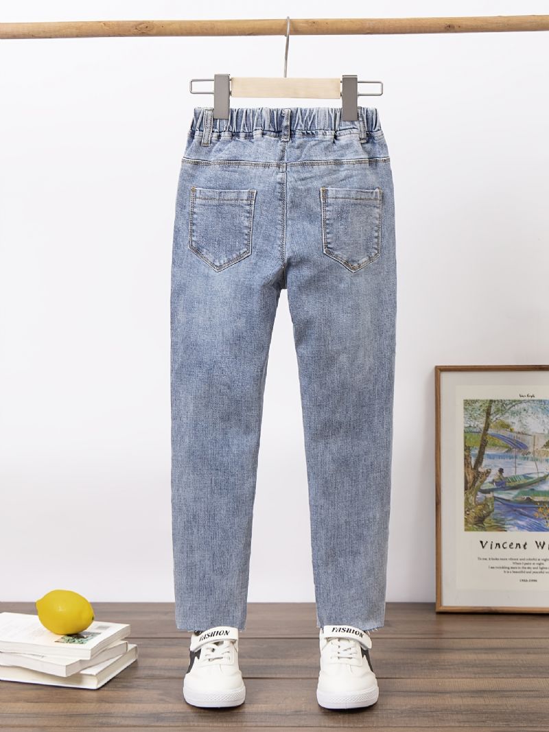 Jenter Brev Broderi Elastisk Midje Denim Jeans Klær