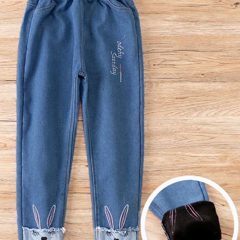 Jenter Casual Fleece Termiske Jeans Med Tegneserie Kanintrykk For Vinteren