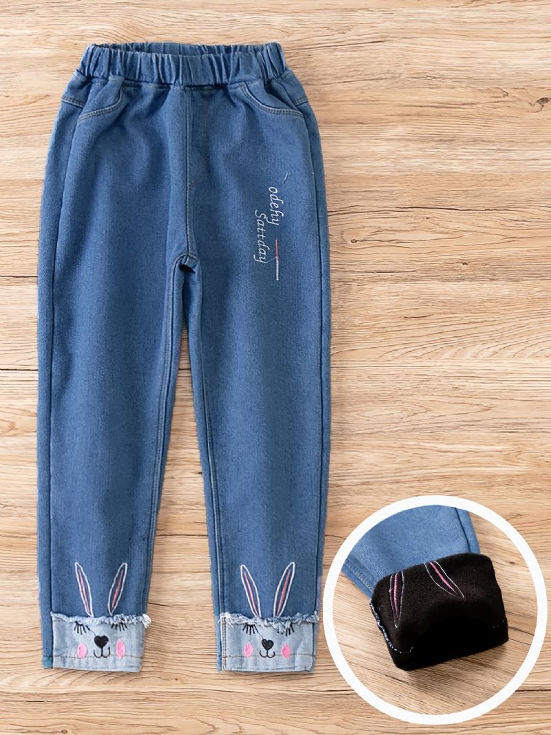 Jenter Casual Fleece Termiske Jeans Med Tegneserie Kanintrykk For Vinteren