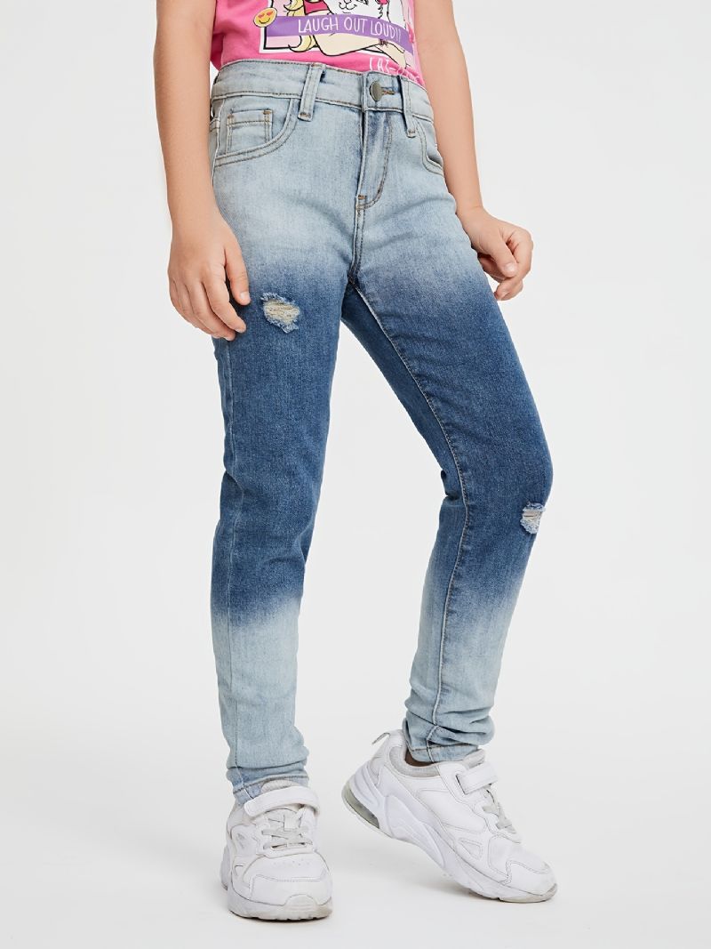 Jenter Casual Loose Fit Ripped Denim Jeans Med Lomme Til Vinter Lys Blå & Mørkeblå Blanding