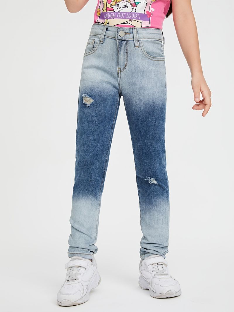 Jenter Casual Loose Fit Ripped Denim Jeans Med Lomme Til Vinter Lys Blå & Mørkeblå Blanding