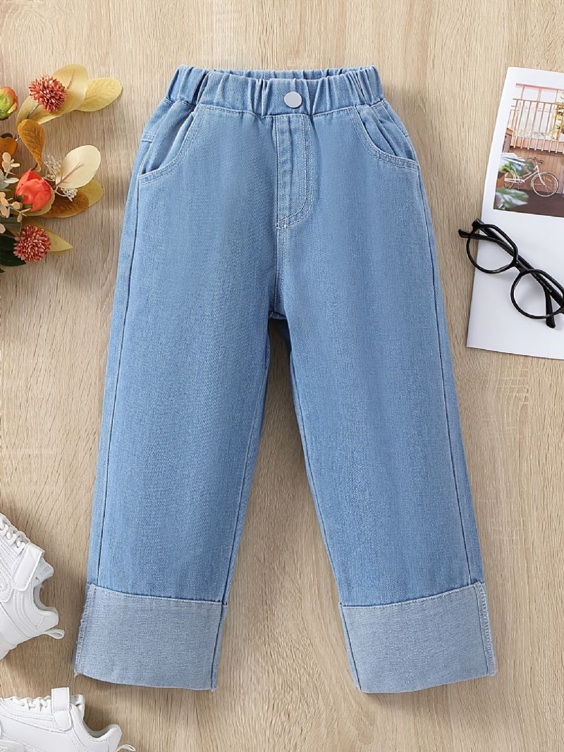 Jenter Casual Patchwork Denim Jeans Solid Løse Straight Leg Bukser