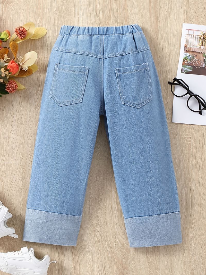 Jenter Casual Patchwork Denim Jeans Solid Løse Straight Leg Bukser