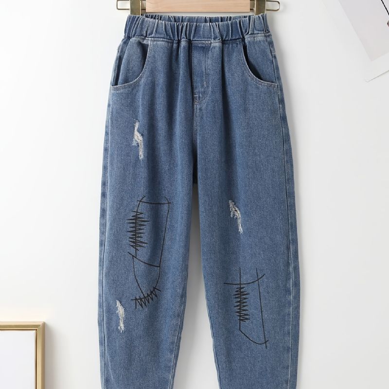 Jenter Casual Ripped Bukser Elastisk Midje Denim Jeans Klær