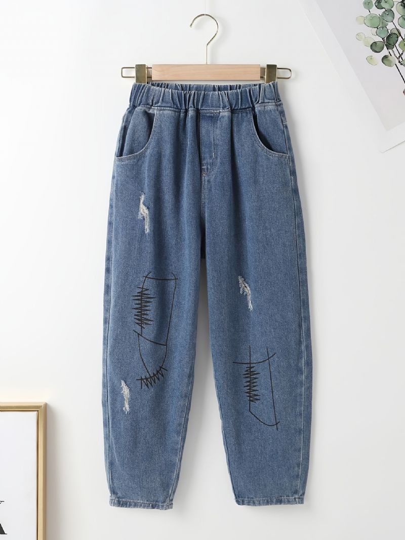 Jenter Casual Ripped Bukser Elastisk Midje Denim Jeans Klær