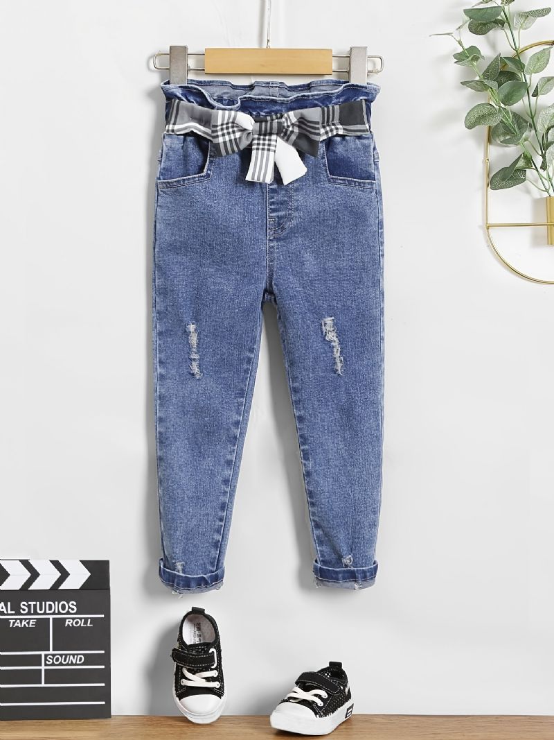 Jenter Casual Ripped Denim Jeans Med Rutete Bue Belte For Vinteren