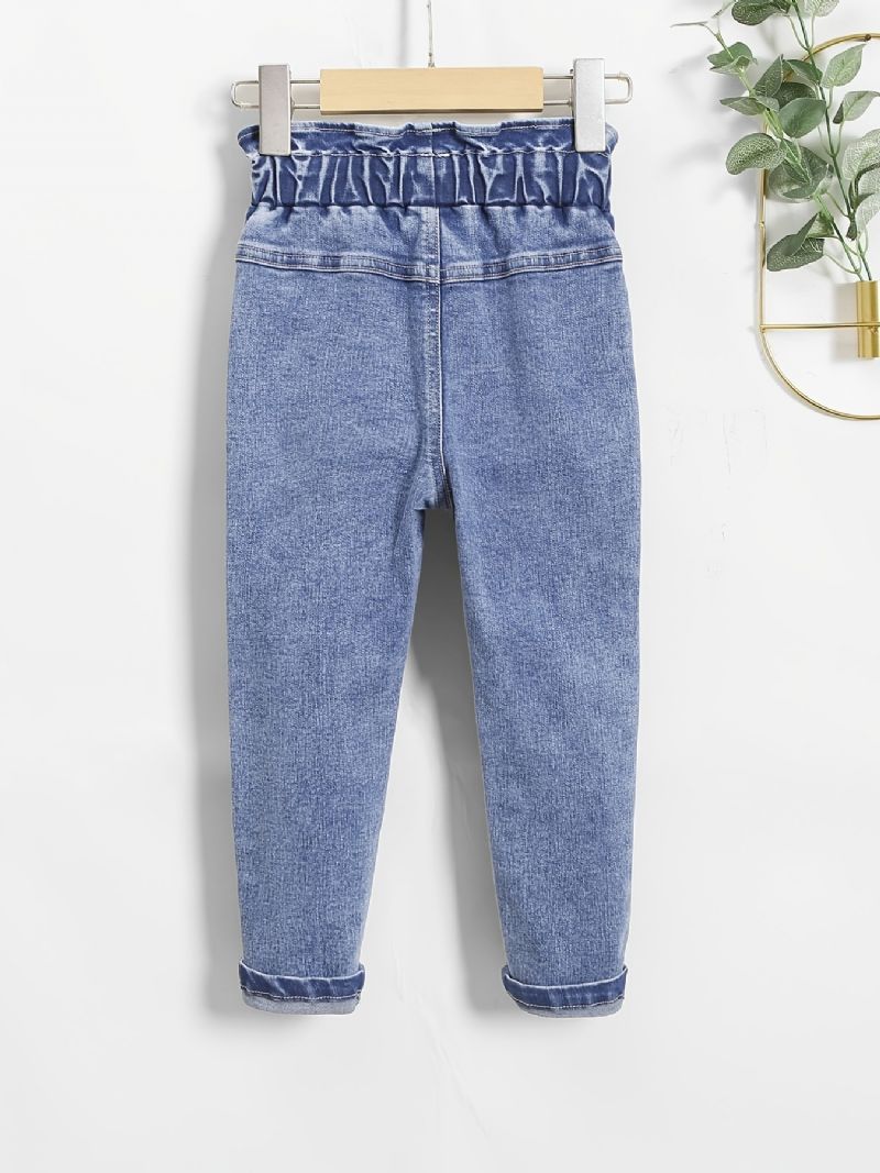 Jenter Casual Ripped Denim Jeans Med Rutete Bue Belte For Vinteren