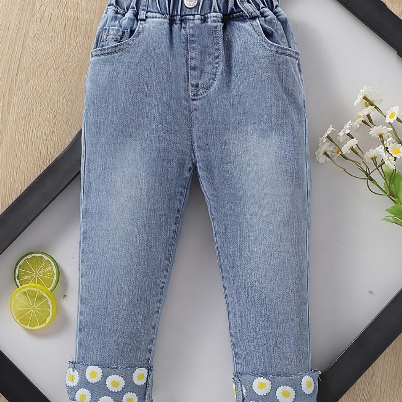 Jenter Daisy Pattern Jeans Denimbukser Med Rett Ben Og Elastisk Linning Barneklær