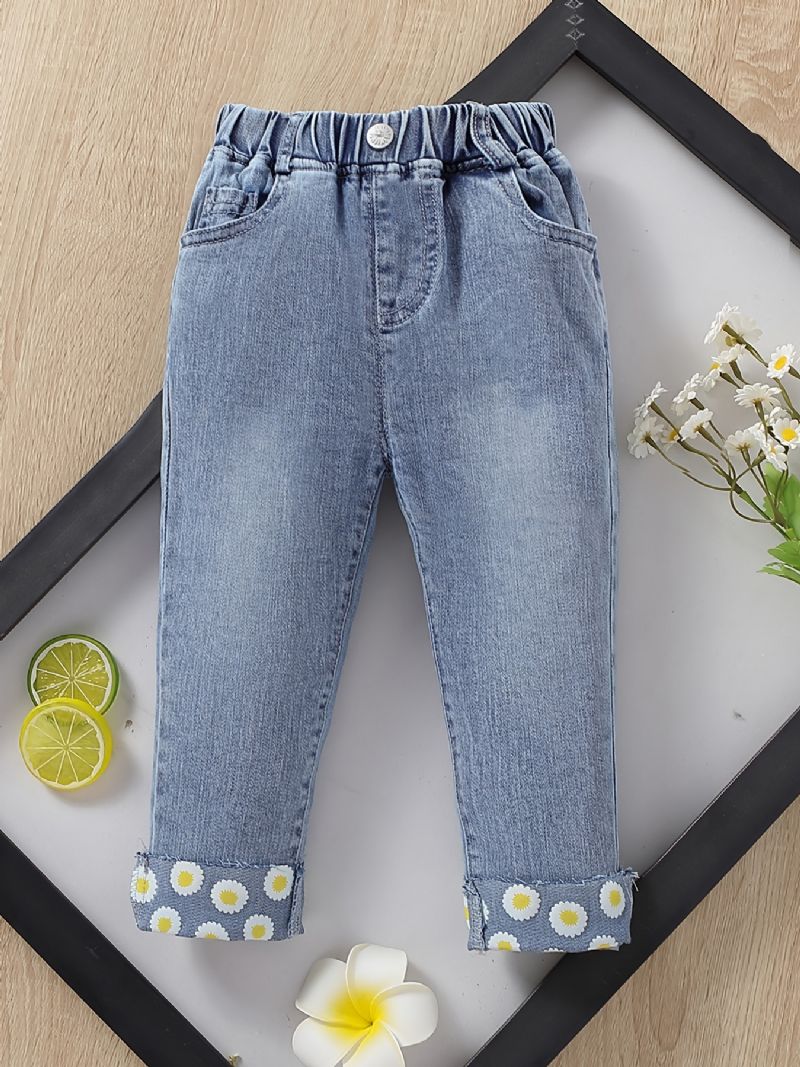 Jenter Daisy Pattern Jeans Denimbukser Med Rett Ben Og Elastisk Linning Barneklær