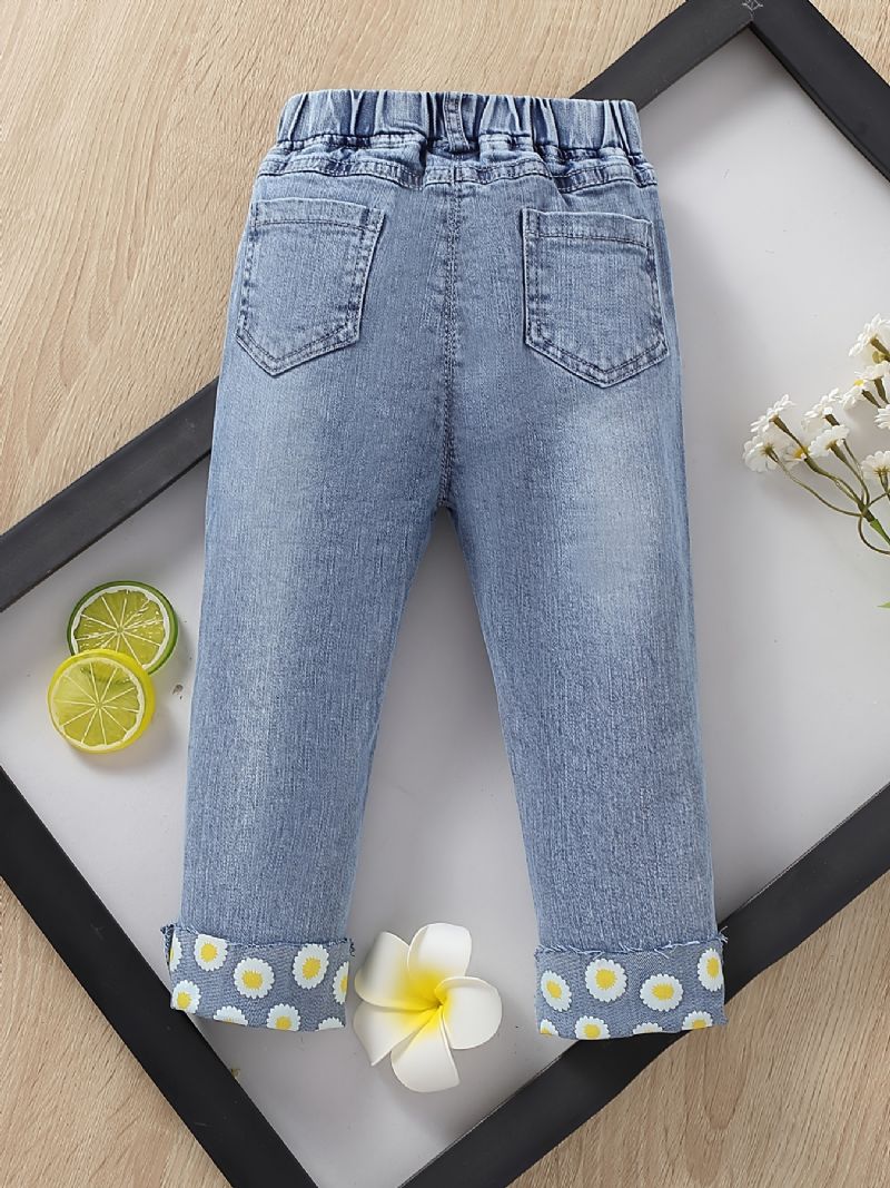 Jenter Daisy Pattern Jeans Denimbukser Med Rett Ben Og Elastisk Linning Barneklær