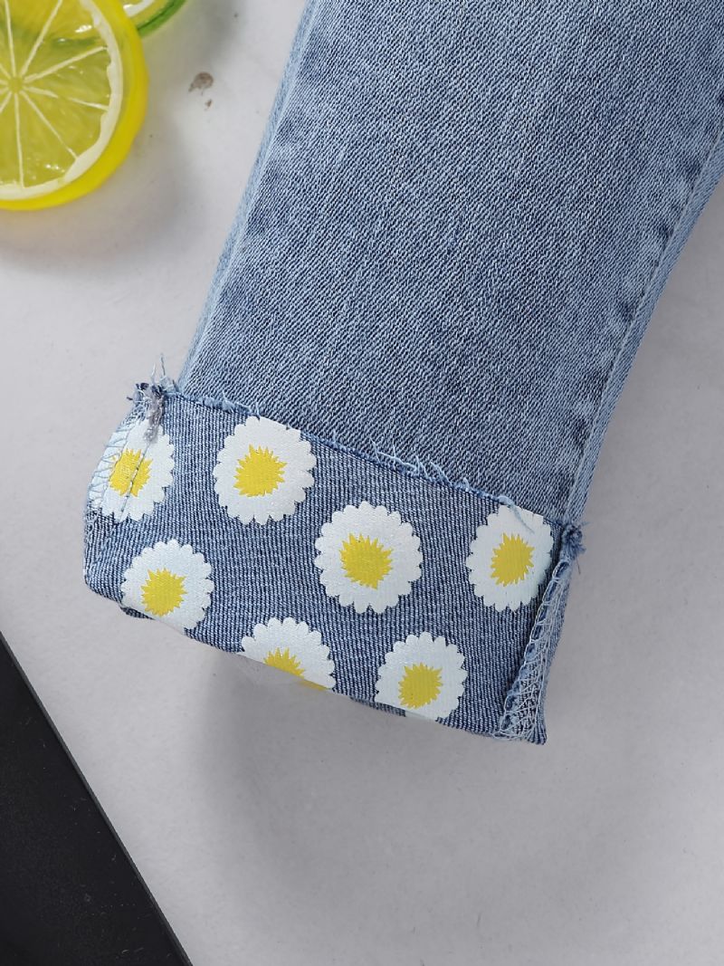 Jenter Daisy Pattern Jeans Denimbukser Med Rett Ben Og Elastisk Linning Barneklær