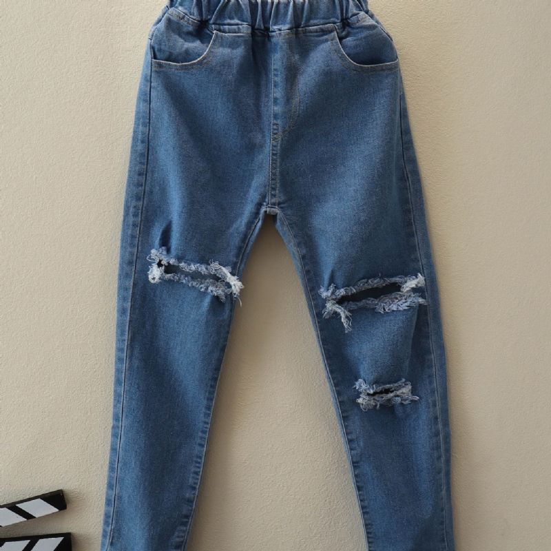 Jenter Ensfargede Stretch Rippede Jeans