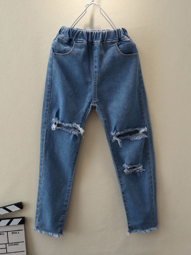 Jenter Ensfargede Stretch Rippede Jeans