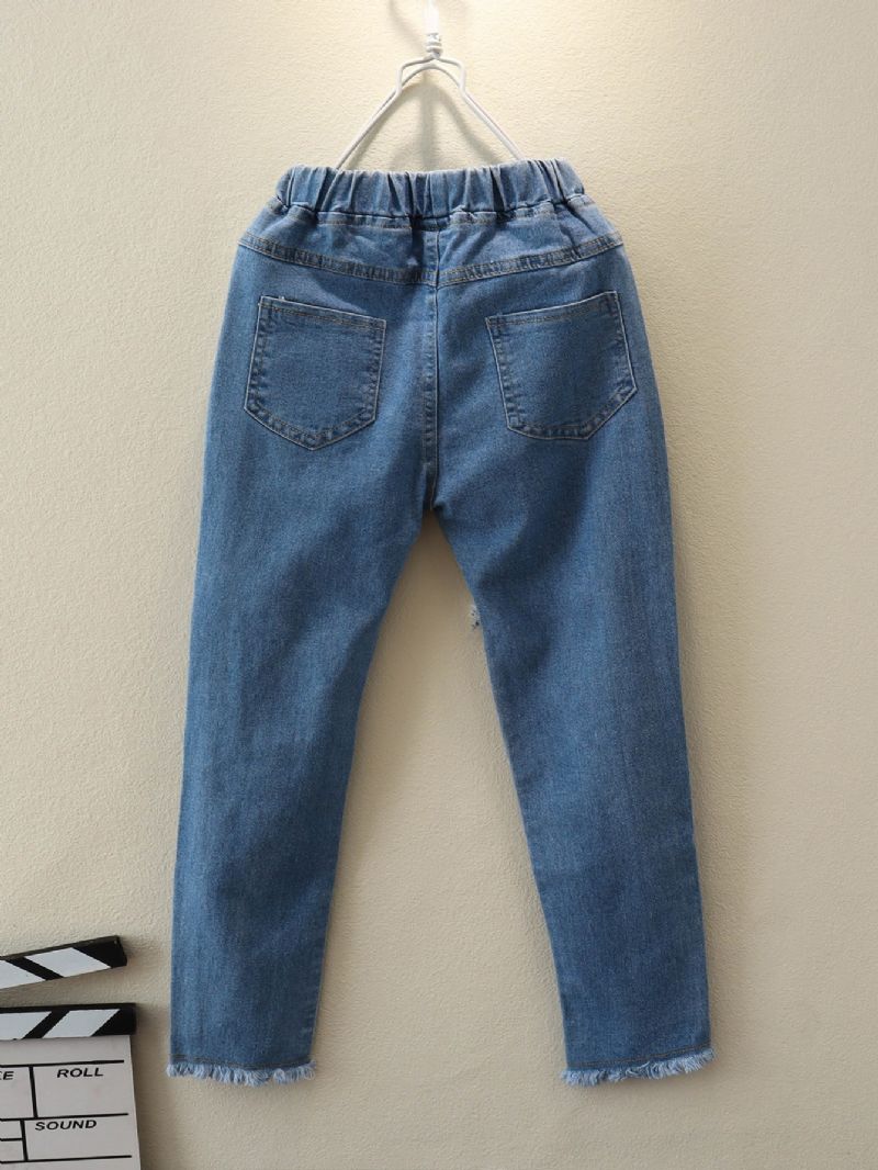 Jenter Ensfargede Stretch Rippede Jeans