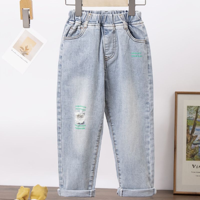 Jenter Ripped Jeans Brev Blomster Print Elastisk Midje Dongeribukser Barneklær