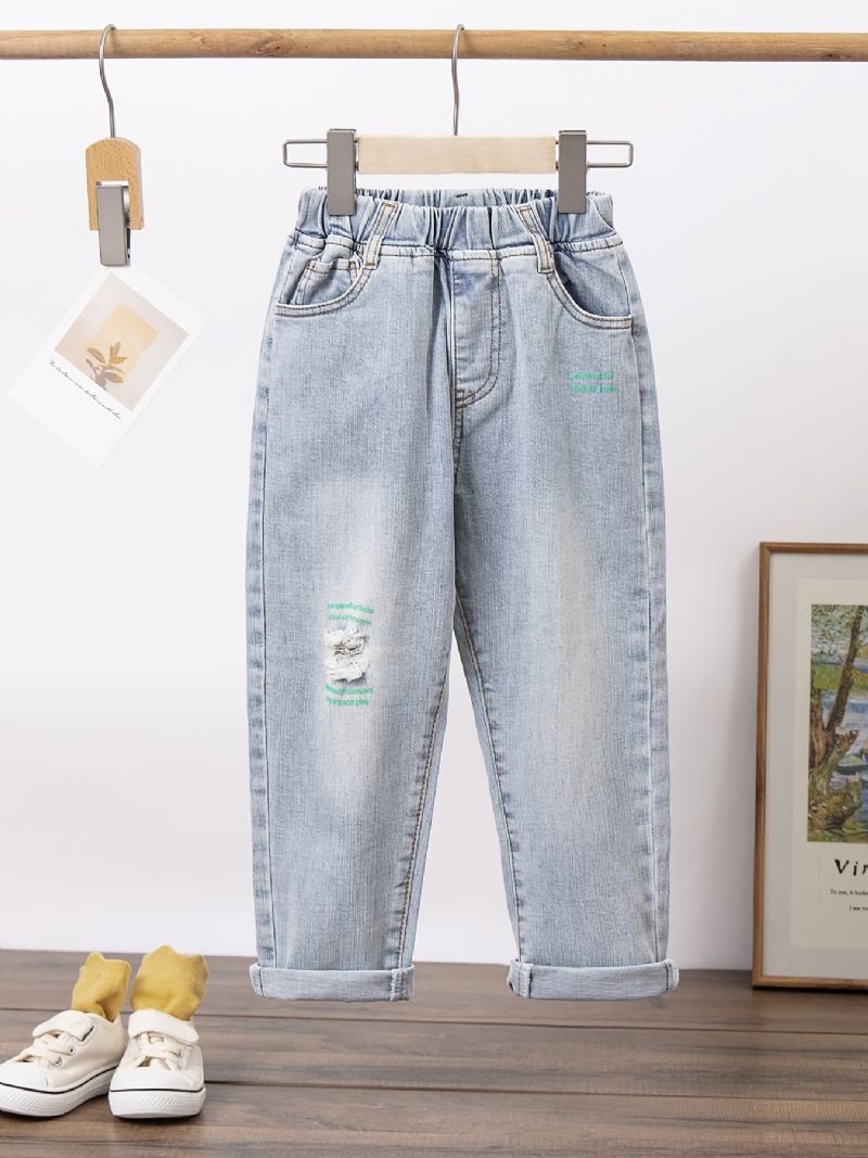 Jenter Ripped Jeans Brev Blomster Print Elastisk Midje Dongeribukser Barneklær