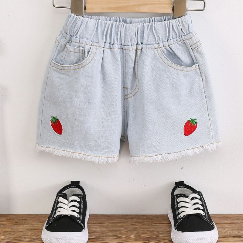 Summer Jenter Denim Shorts Jordbærbroderi Søt Casual Short Jeans