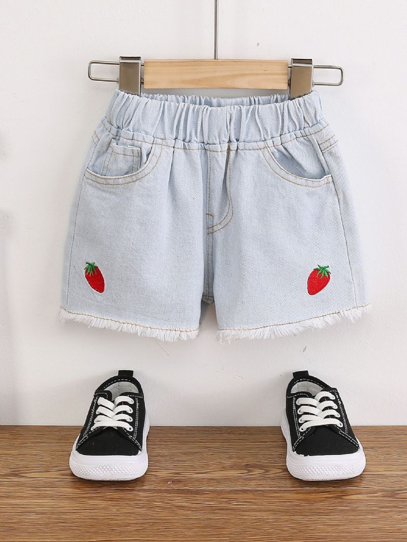 Summer Jenter Denim Shorts Jordbærbroderi Søt Casual Short Jeans