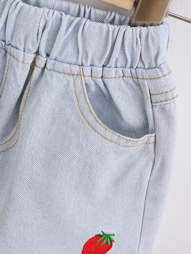 Summer Jenter Denim Shorts Jordbærbroderi Søt Casual Short Jeans