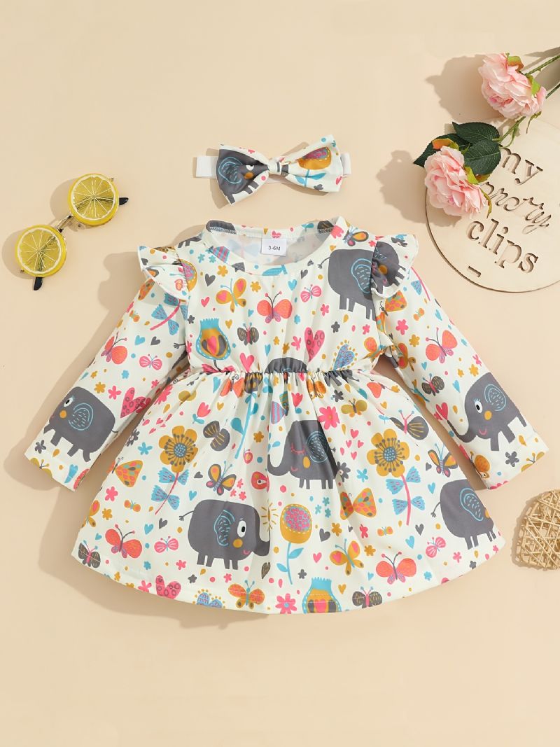 2 Stk Baby Jenter Causal Ruffed Dress Med Tegneserie Elefant Blomstertrykk & Sløyfe Pannebånd Til Fest