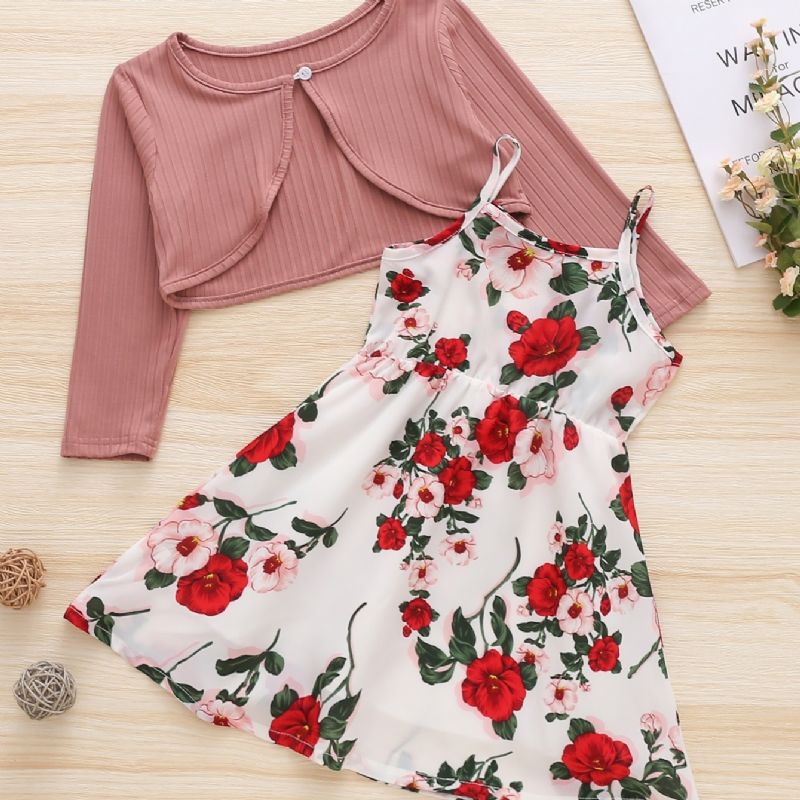 2 Stk Jenter Flower Print Dress & Langermet Skjorte