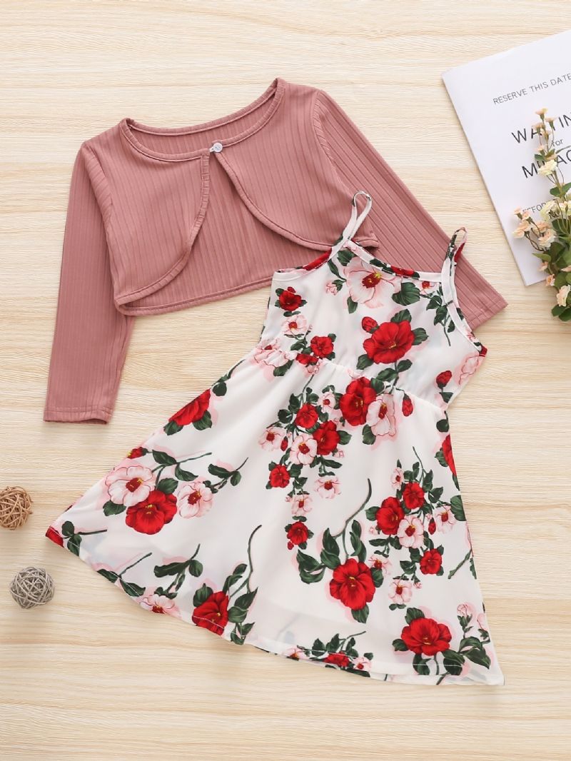 2 Stk Jenter Flower Print Dress & Langermet Skjorte