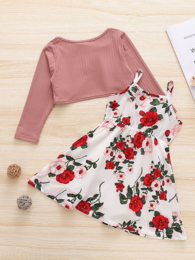 2 Stk Jenter Flower Print Dress & Langermet Skjorte