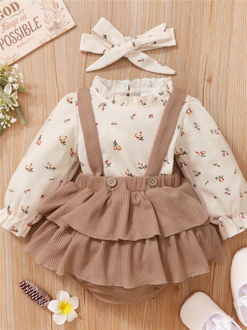 3 Stk Jentebaby Floral Ruffle Sleeve Top & Suspender Tiered Skjørt & Pannebåndsett