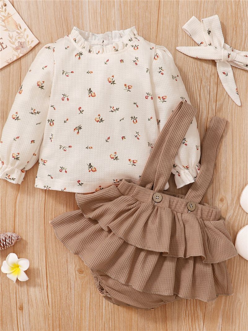 3 Stk Jentebaby Floral Ruffle Sleeve Top & Suspender Tiered Skjørt & Pannebåndsett