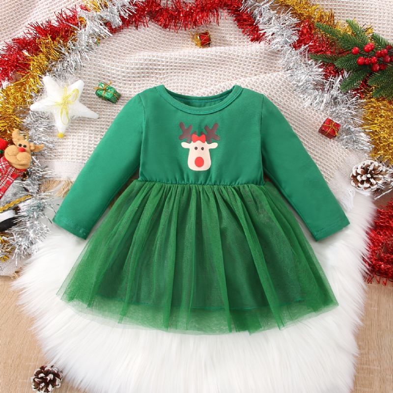 Baby Jenter Casual Stitching Mesh Princess Dress With Elk Print For Christmas Party