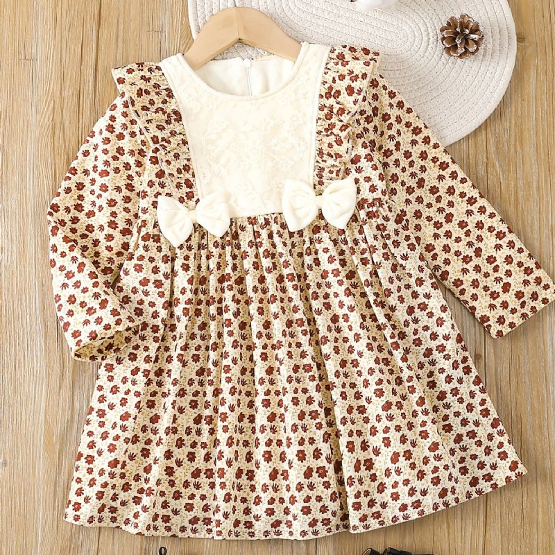 Baby Jenter Ditsy Floral Corduroy Dress Ruffle Sløyfe Fleece Varm Langermet Kjole Barneklær