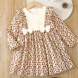 Baby Jenter Ditsy Floral Corduroy Dress Ruffle Sløyfe Fleece Varm Langermet Kjole Barneklær