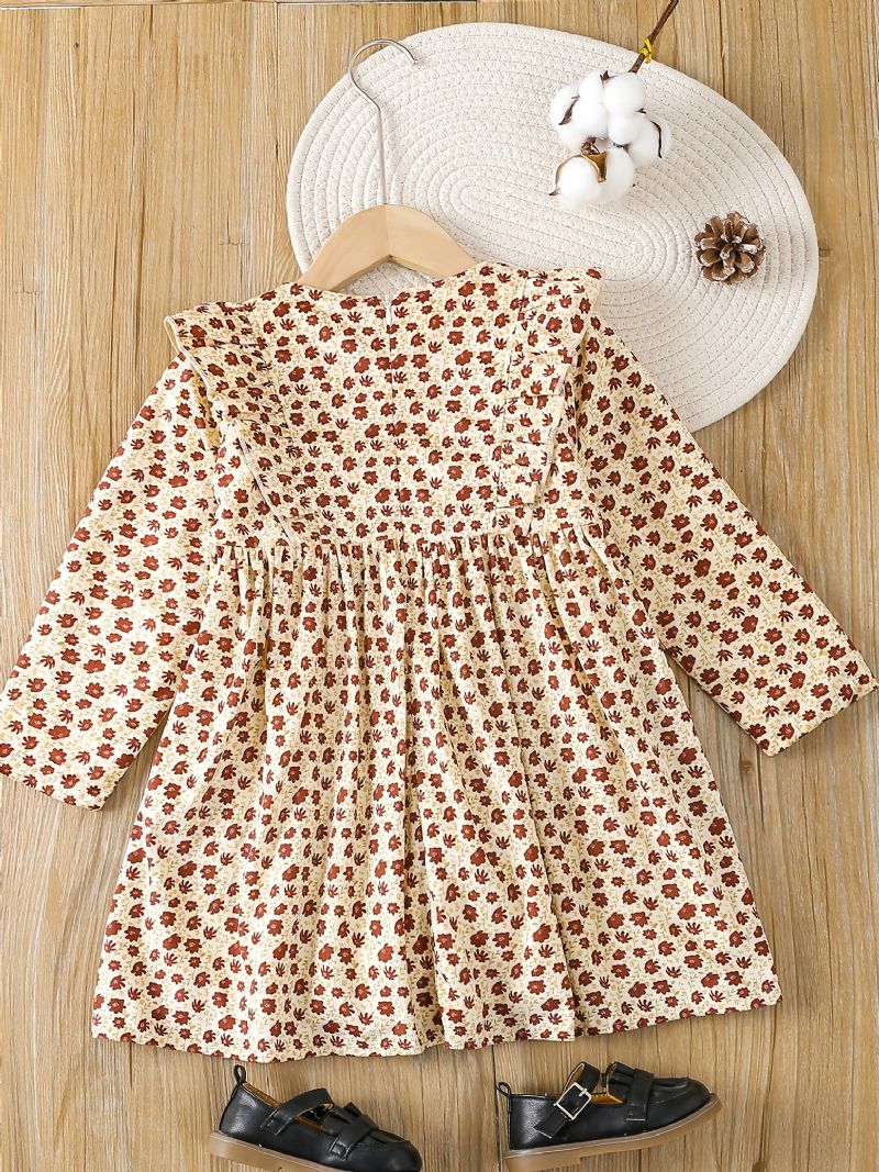 Baby Jenter Ditsy Floral Corduroy Dress Ruffle Sløyfe Fleece Varm Langermet Kjole Barneklær