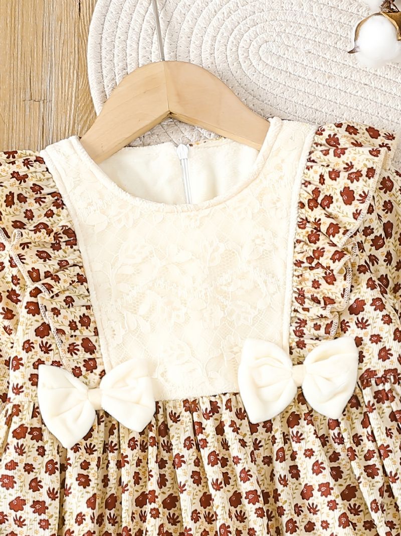 Baby Jenter Ditsy Floral Corduroy Dress Ruffle Sløyfe Fleece Varm Langermet Kjole Barneklær