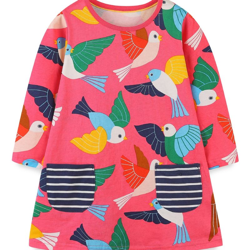 Baby Jenter Dress Cartoon Bird Print Rund Hals Langermet Kjole Barneklær