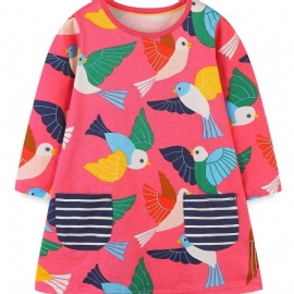 Baby Jenter Dress Cartoon Bird Print Rund Hals Langermet Kjole Barneklær