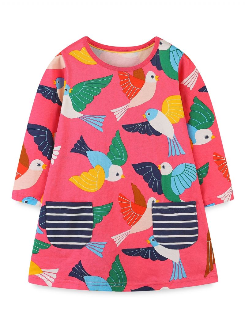 Baby Jenter Dress Cartoon Bird Print Rund Hals Langermet Kjole Barneklær