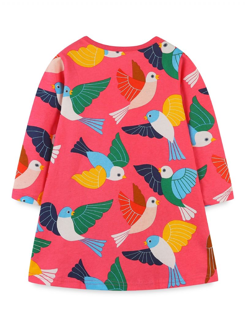 Baby Jenter Dress Cartoon Bird Print Rund Hals Langermet Kjole Barneklær