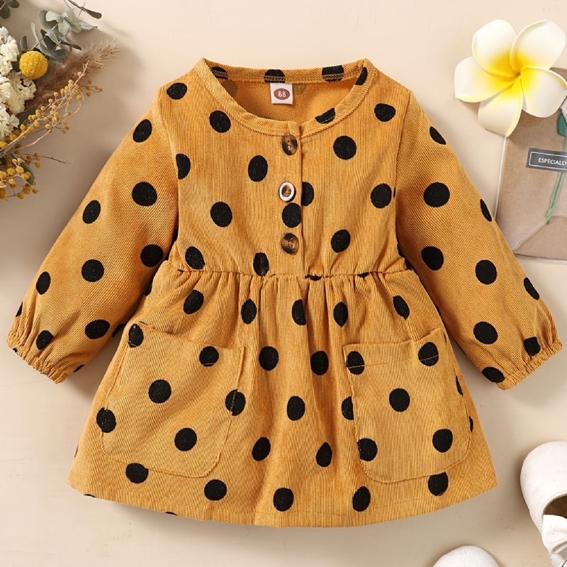 Baby Jenter Dress Langermet Rund Hals Polka Dots Pocket Barneklær