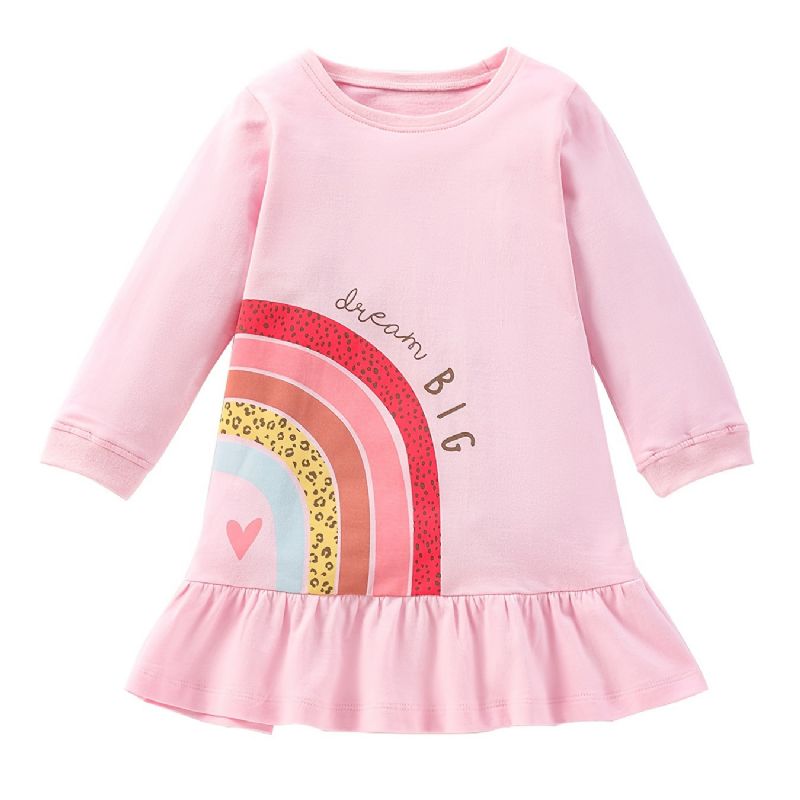 Baby Jenter Dress Rainbow Print Rund Hals Langermet Ruffle Hem Barneklær