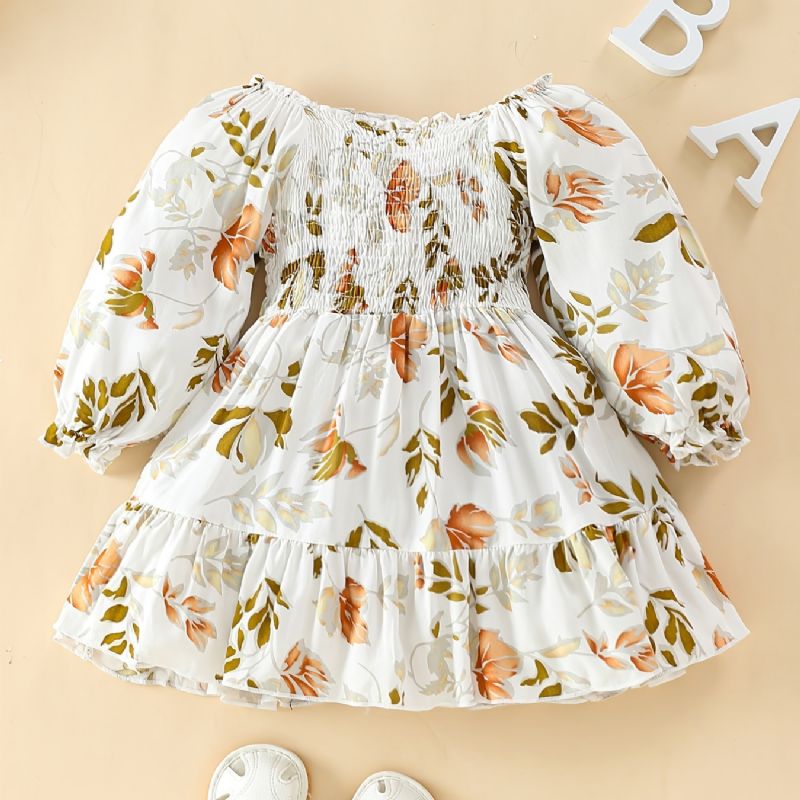 Baby Jenter Dress Ruffle Plissert Langermet Blomster Print Kjole Barneklær