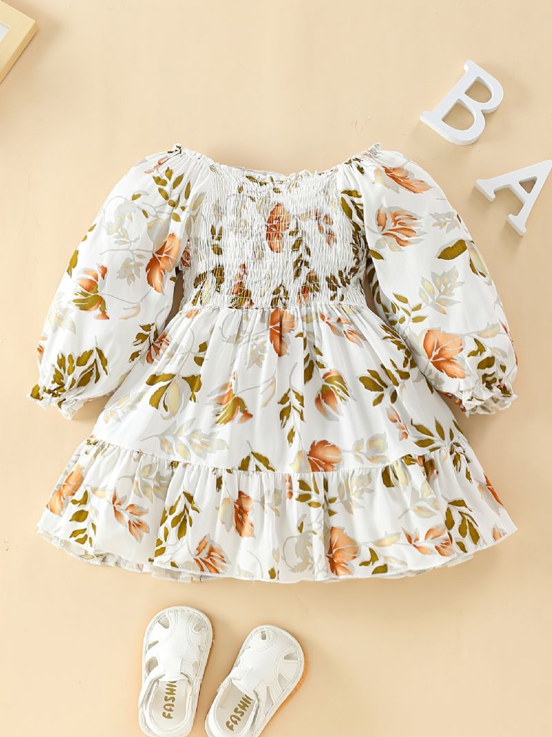 Baby Jenter Dress Ruffle Plissert Langermet Blomster Print Kjole Barneklær