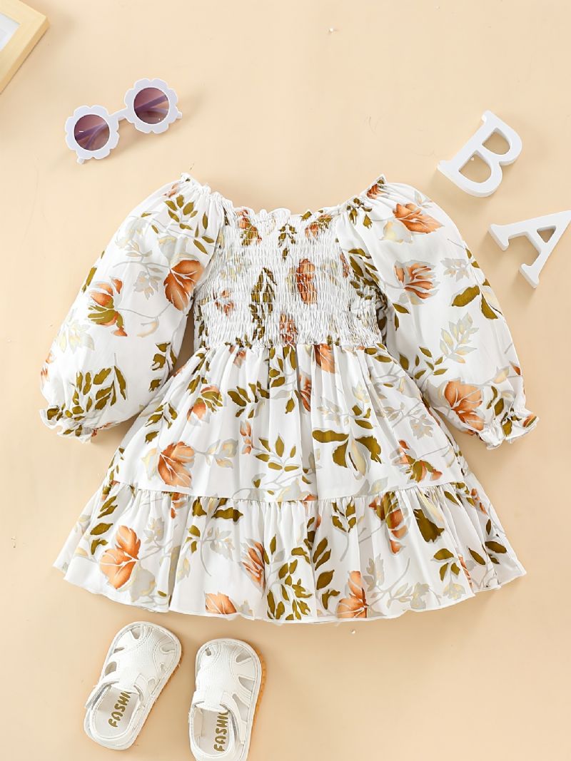 Baby Jenter Dress Ruffle Plissert Langermet Blomster Print Kjole Barneklær